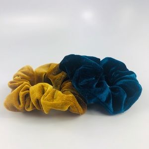 Two Washable Velvet Blue and Brown Scrunchies
